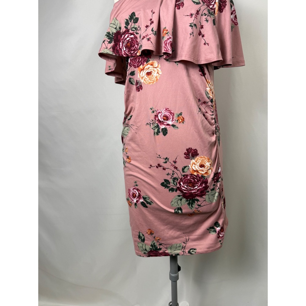 Sexy Mama Large Maternity Floral‎ Feminine Girl Ruffle Ruched Bodycon Dress Pink